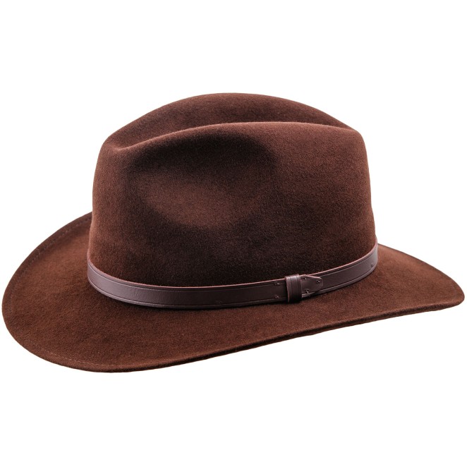 Redwood Timeless Wool Felt Fedora Wide Brim with thin leather belt.