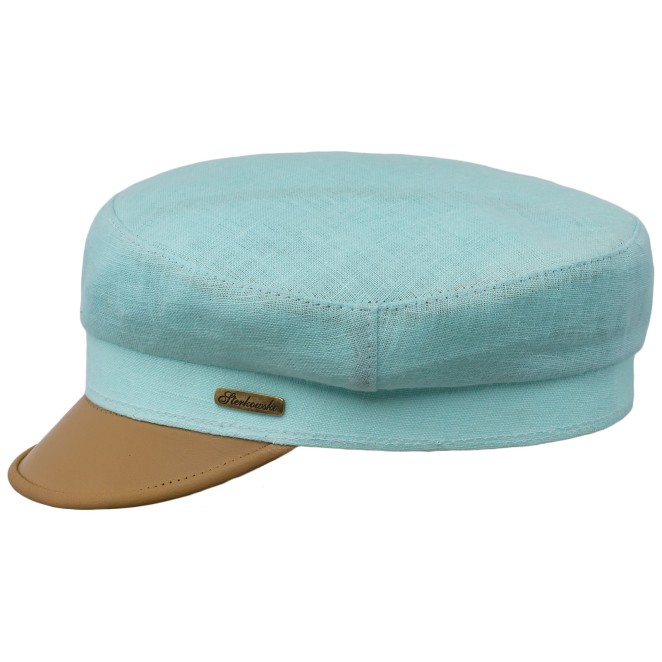 Fiddler summer linen breton style cap with natural leather visor