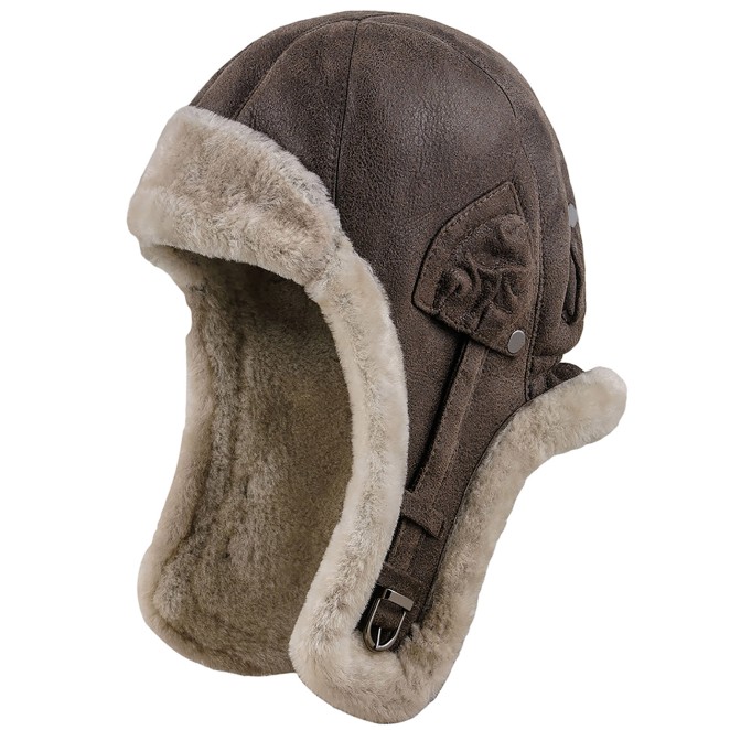 Bomber genuine shearling leather trapper ushanka cap with earflaps